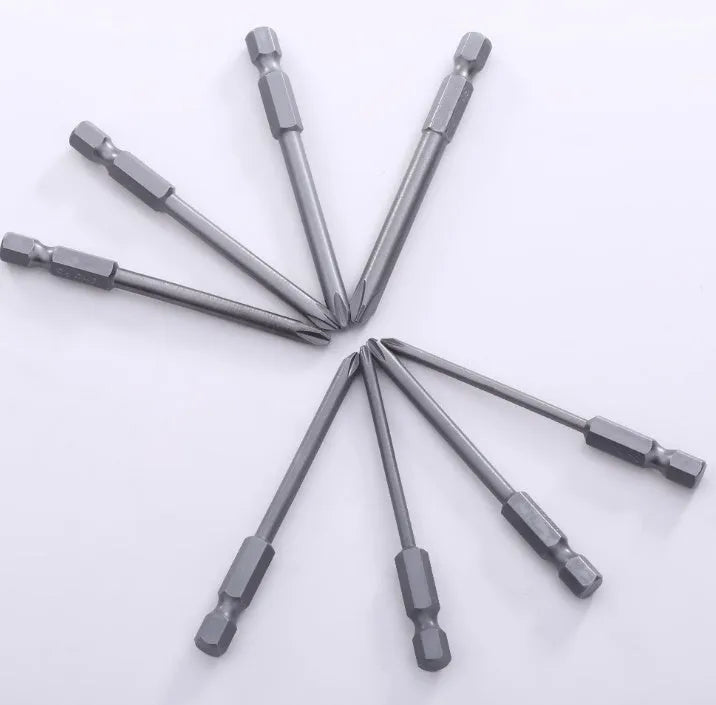 8-piece set of long magnetic cross head screwdriver bits in PH0, PH1 and PH2 sizes on a white background.