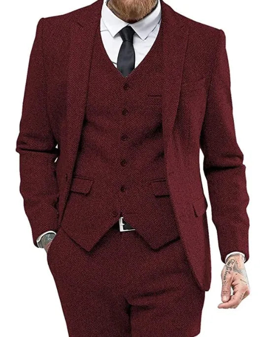Men's three-piece viscose blend suit set with flat collar, two-button closure, black colour, front view