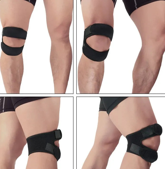 Professional patella band knee support in black with shock absorbing EVA pad and breathable rear perforations