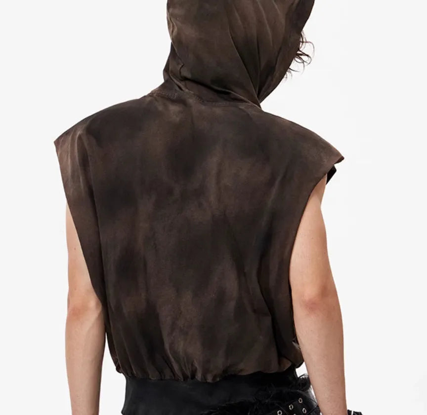 Khaki coloured sleeveless cotton hooded vest on a hanger