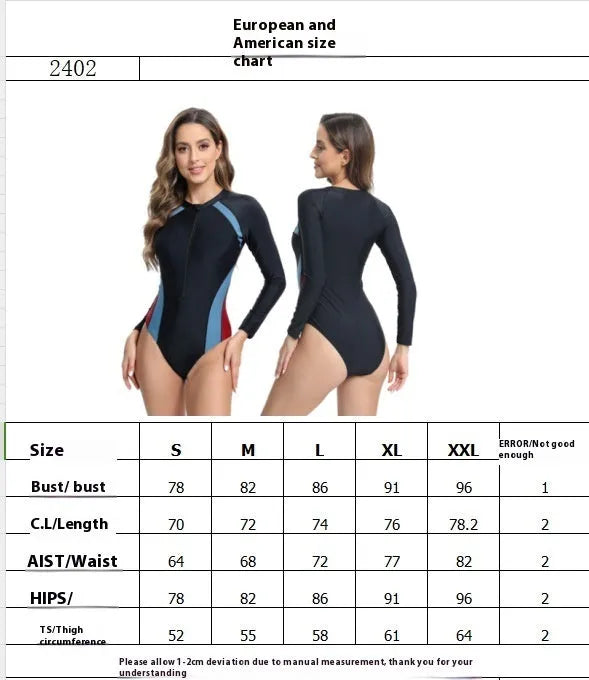 Women's blue and red long sleeve one-piece swimsuit with a full-length front zip closure.