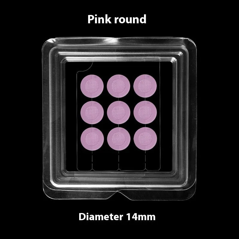 Sheet of nine 14mm soluble hyaluronic acid invisible microneedle acne patches in blister box.