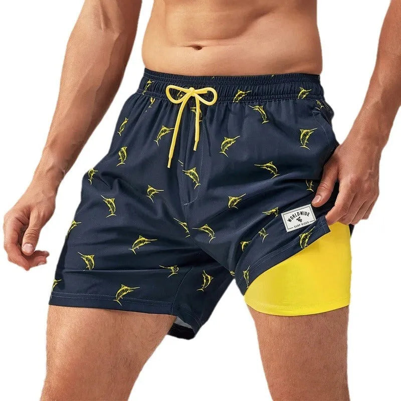 Men's loose fit quick-drying boxer swimming trunks in a selection of floral and tropical print designs.