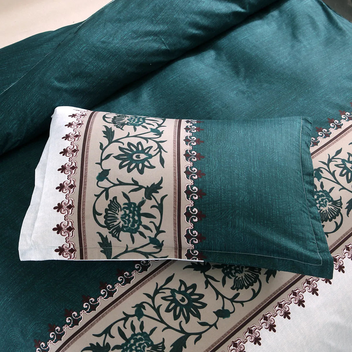 Plain weave polyester duvet cover set in solid colour or floral pattern on a bed