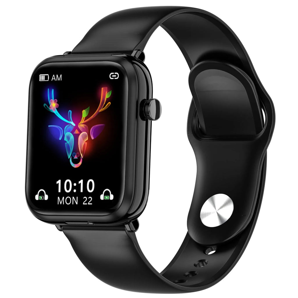 Black smartwatch with Bluetooth headset on wrist showing 1.69-inch touchscreen display.