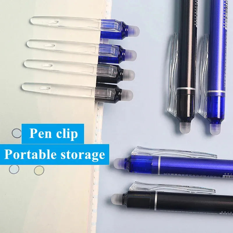 Blue and black erasable gel pen with 0.5mm stainless steel nib and plastic body for school use