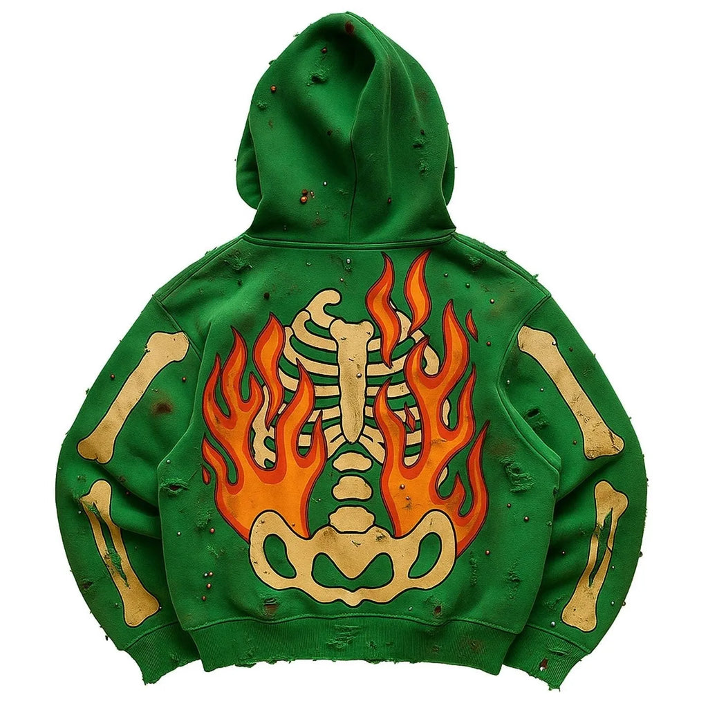 Green printed polyester sweater for women and men, available in sizes XS to 3XL, on a plain background.