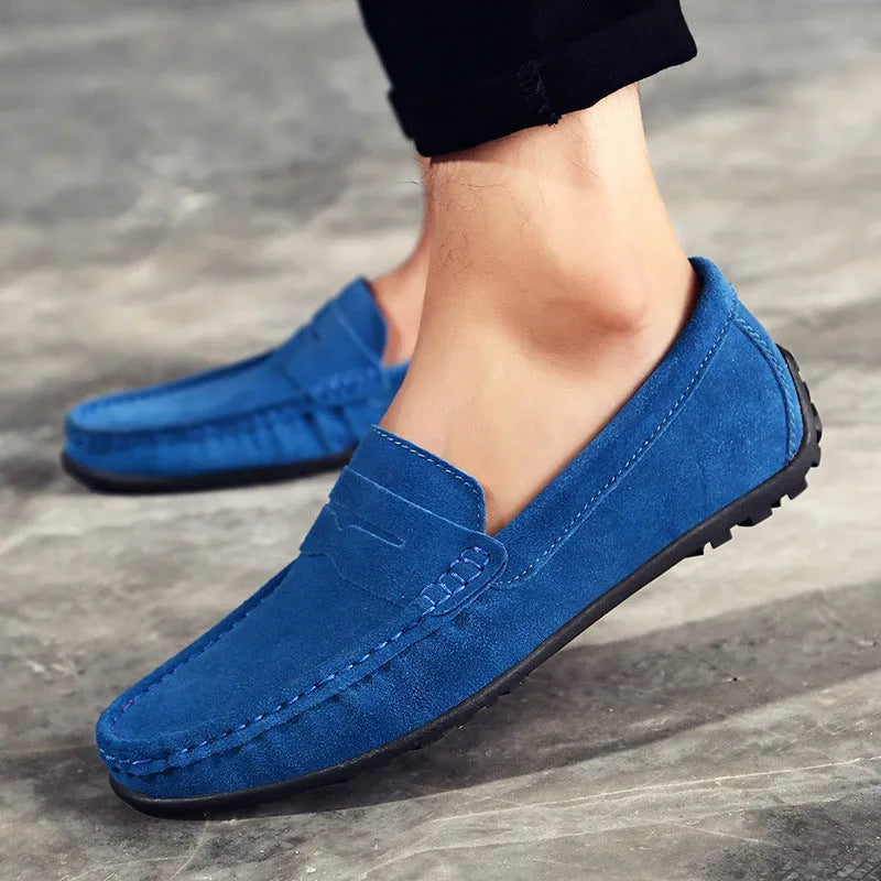Men's brown suede Gommino loafers with round toe and flat rubber sole, plus size