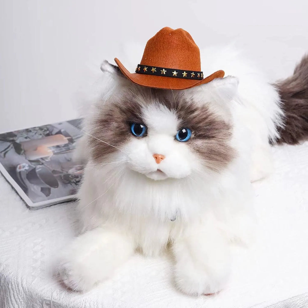 Wool felt pet hat in beige with conical shape, available in S and M sizes