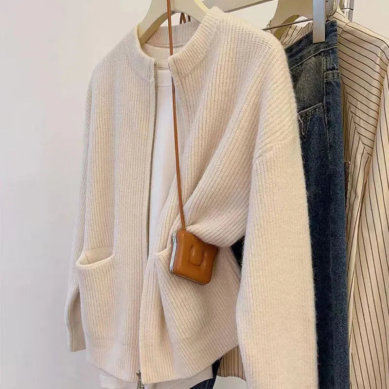 Beige viscose fibre sweater coat with long sleeves cardigan styling