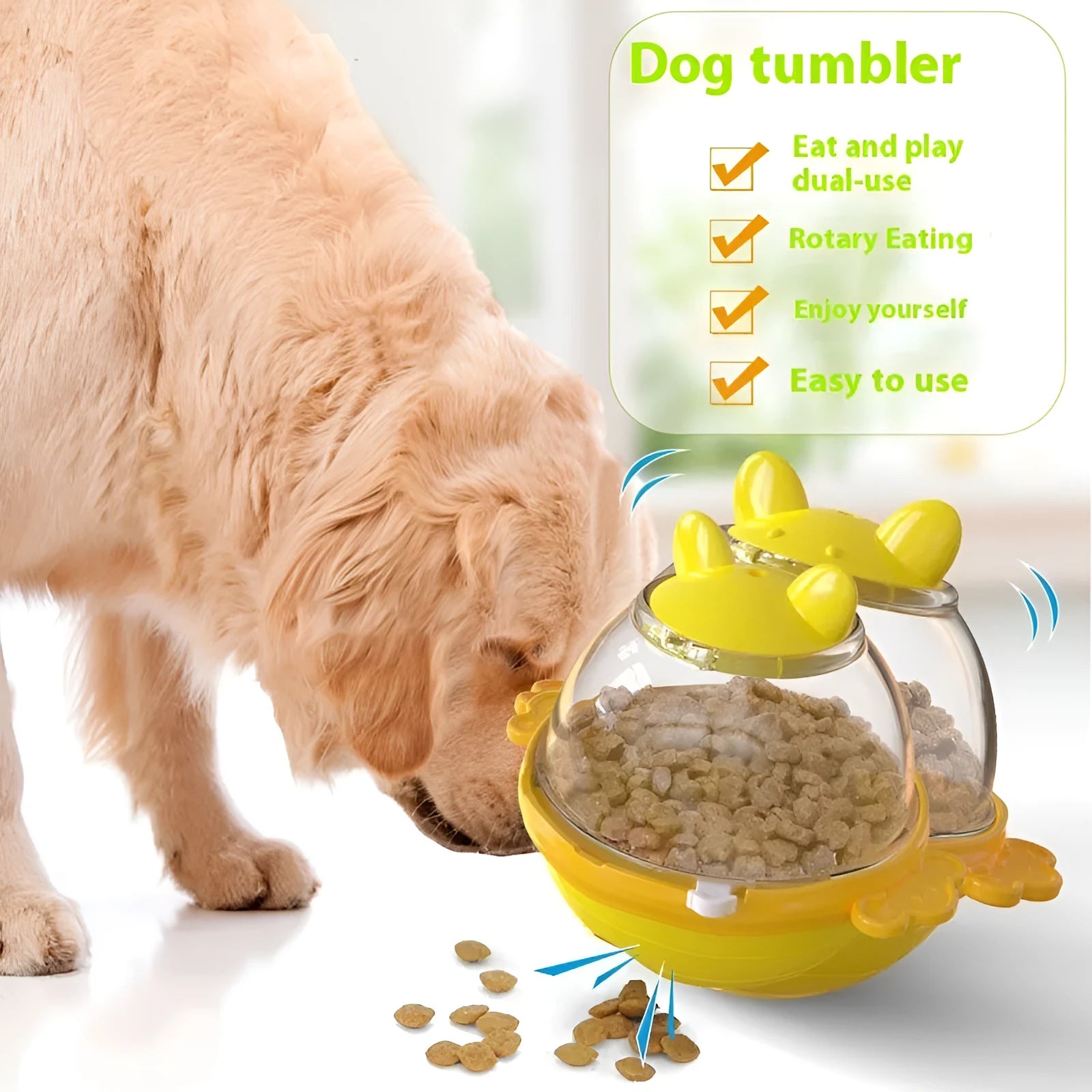 TPR dog food dispenser toy in lake blue or yellow colour for interactive feeding