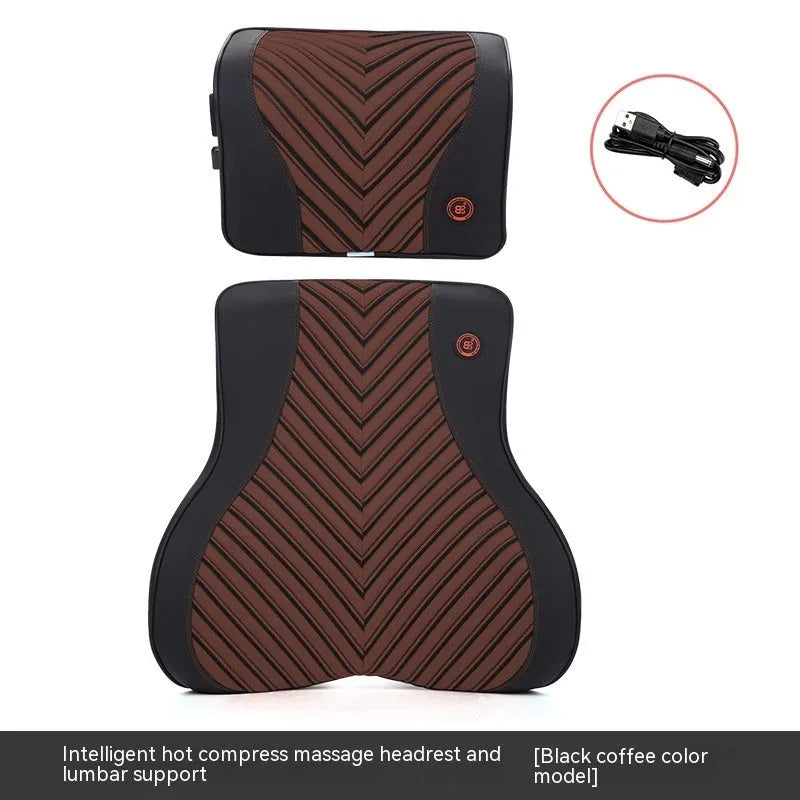 Black and orange electric heating massage car headrest and lumbar support cushion on a car seat.