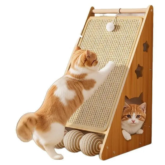 Vertical wall-mounted cat scratch board with sisal surface and dangling cat teasing ball on hemp rope