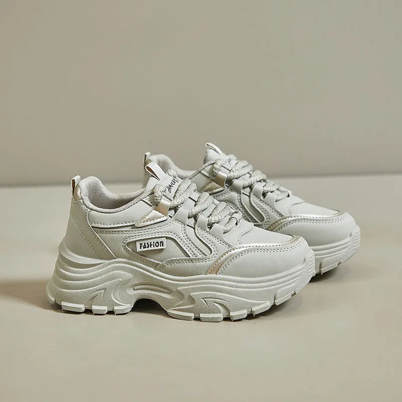 Breathable height increasing low-top shoes for women, artificial PU upper, round toe, black colour, side view