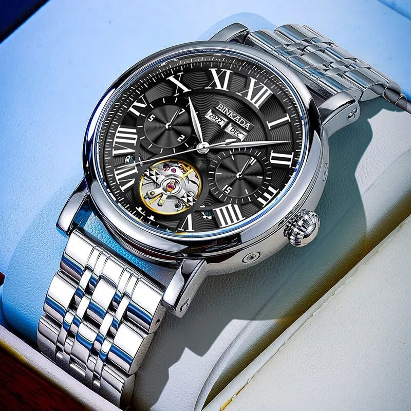 Men's automatic waterproof watch with stainless steel strap in business style, showing black and white colour options