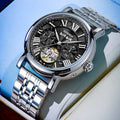 Men's automatic waterproof watch with stainless steel strap in business style, showing black and white colour options