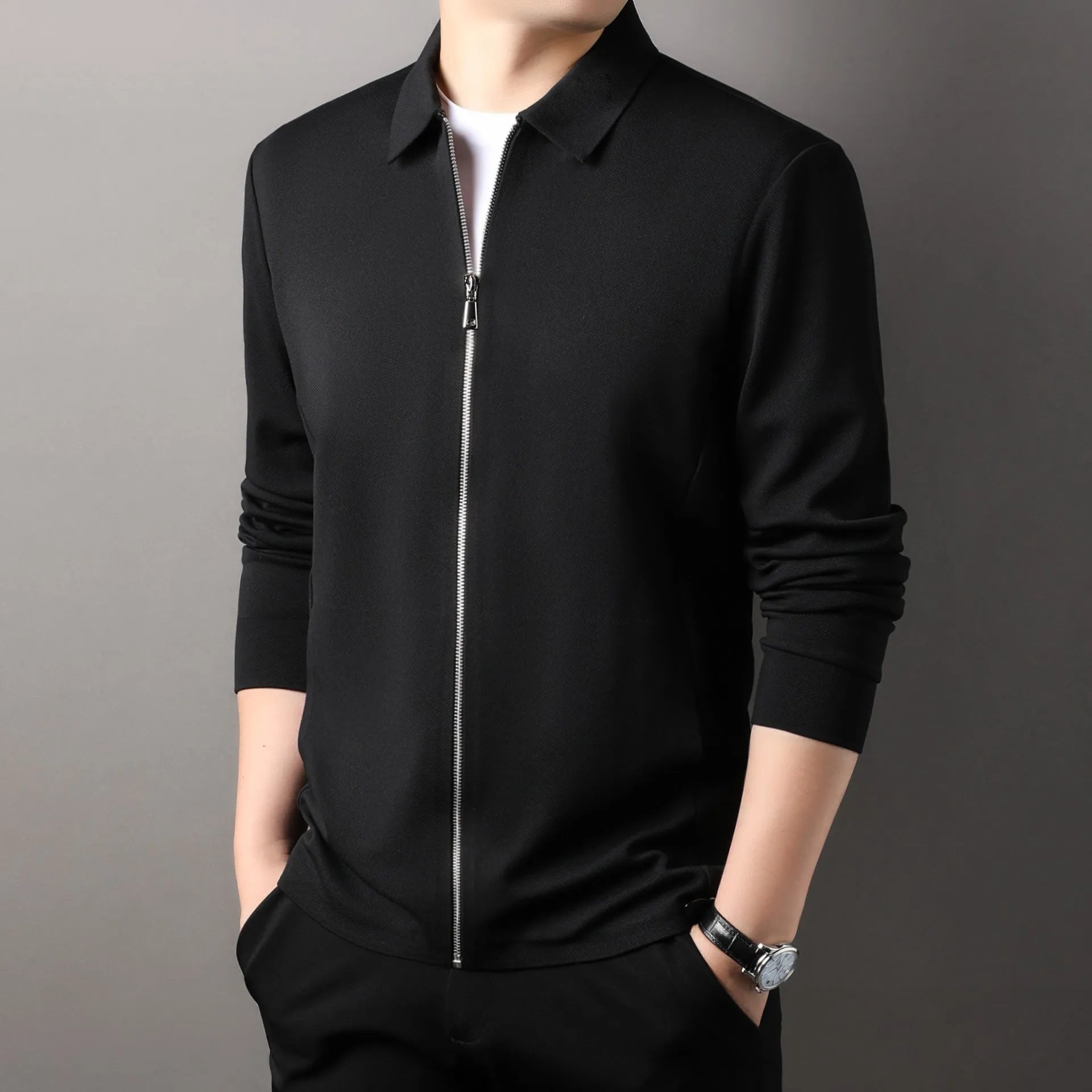 Men's straight-hem polyester jacket in apricot, shown on a hanger.