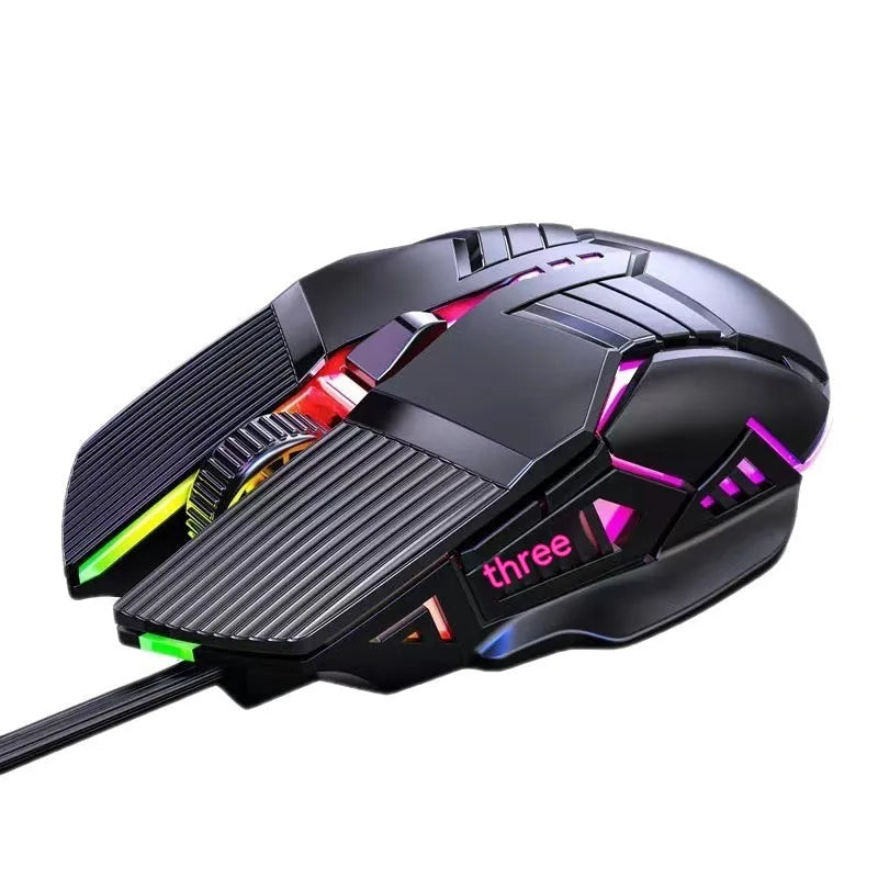 Wired mouse 6D colourful luminous mute version in black, white, and pink with USB cable