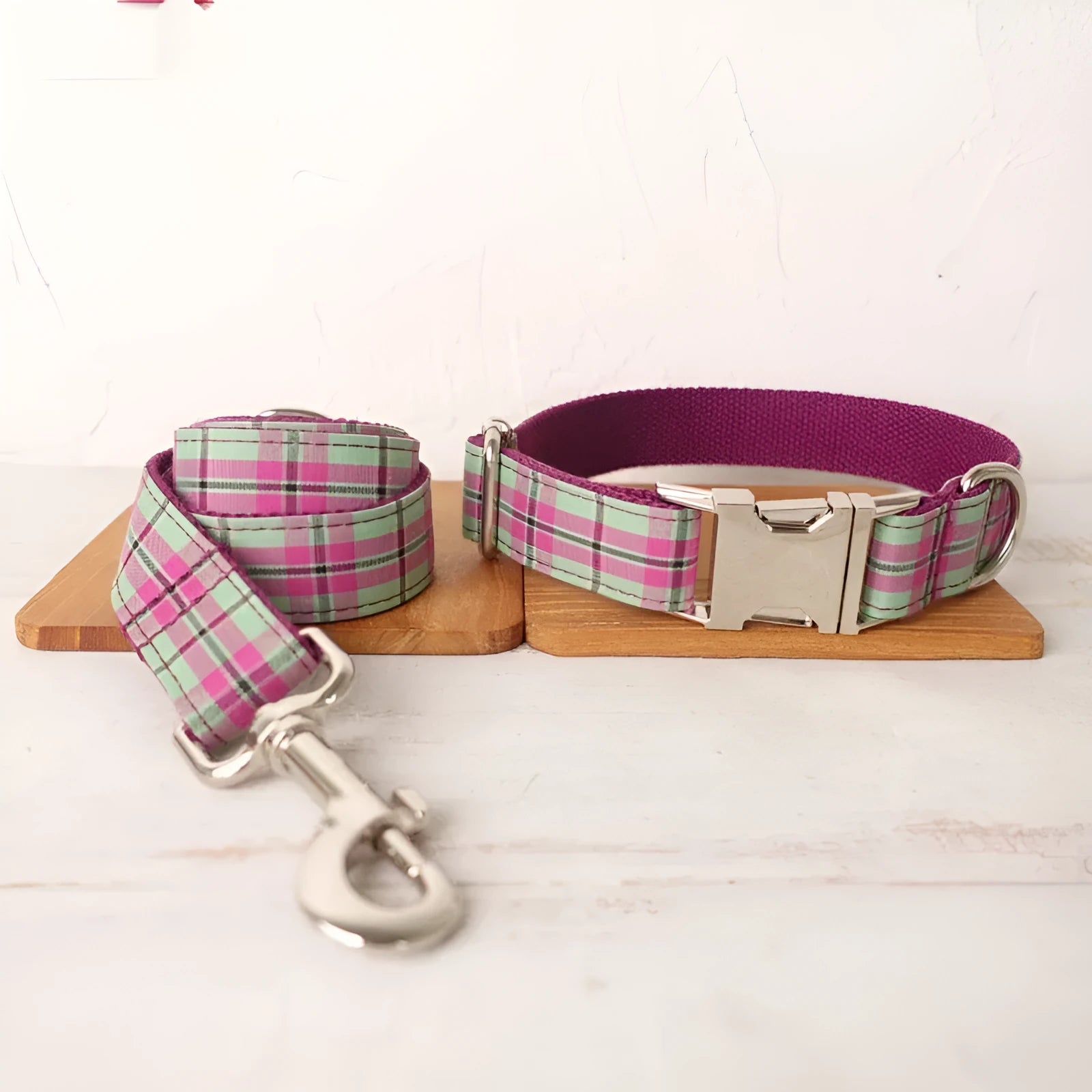 Mint green polyester dog collar and matching lead set shown in five available sizes