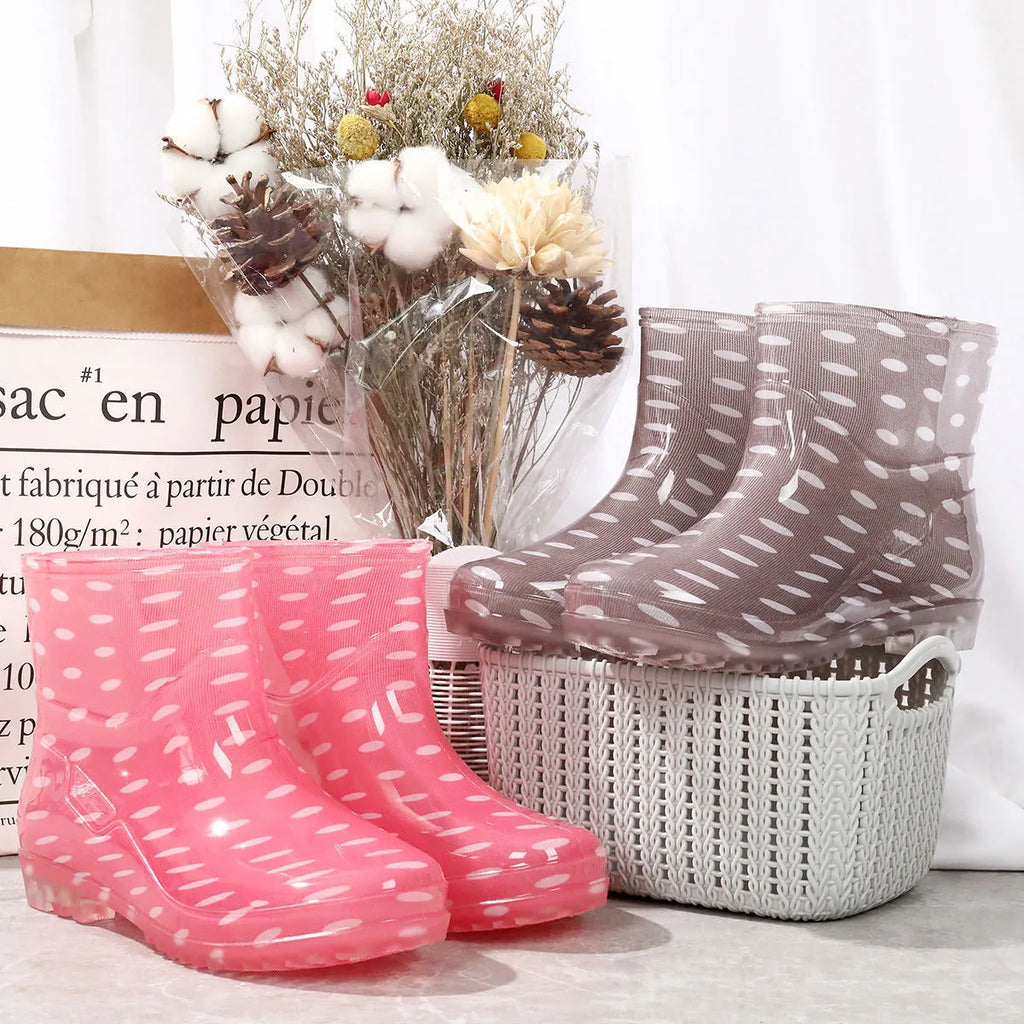 Women's short low-top PVC rain boots in assorted colours and patterns, waterproof non-slip sole