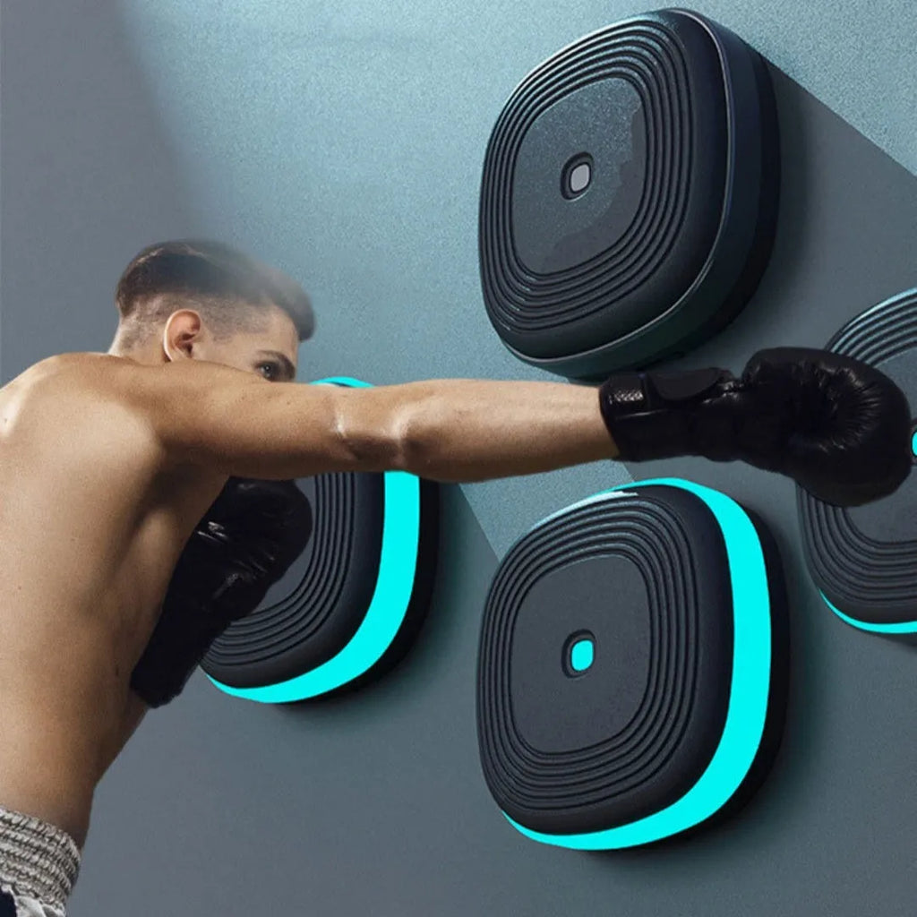 Smart Split Bluetooth Music Boxing Target hanging on wall with black 8-target pads and Bluetooth pairing
