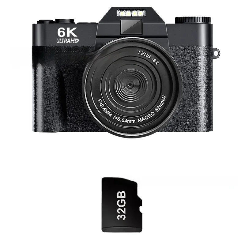 6K HD retro mirrorless digital camera with Full HD screen in black with standard 32G memory card