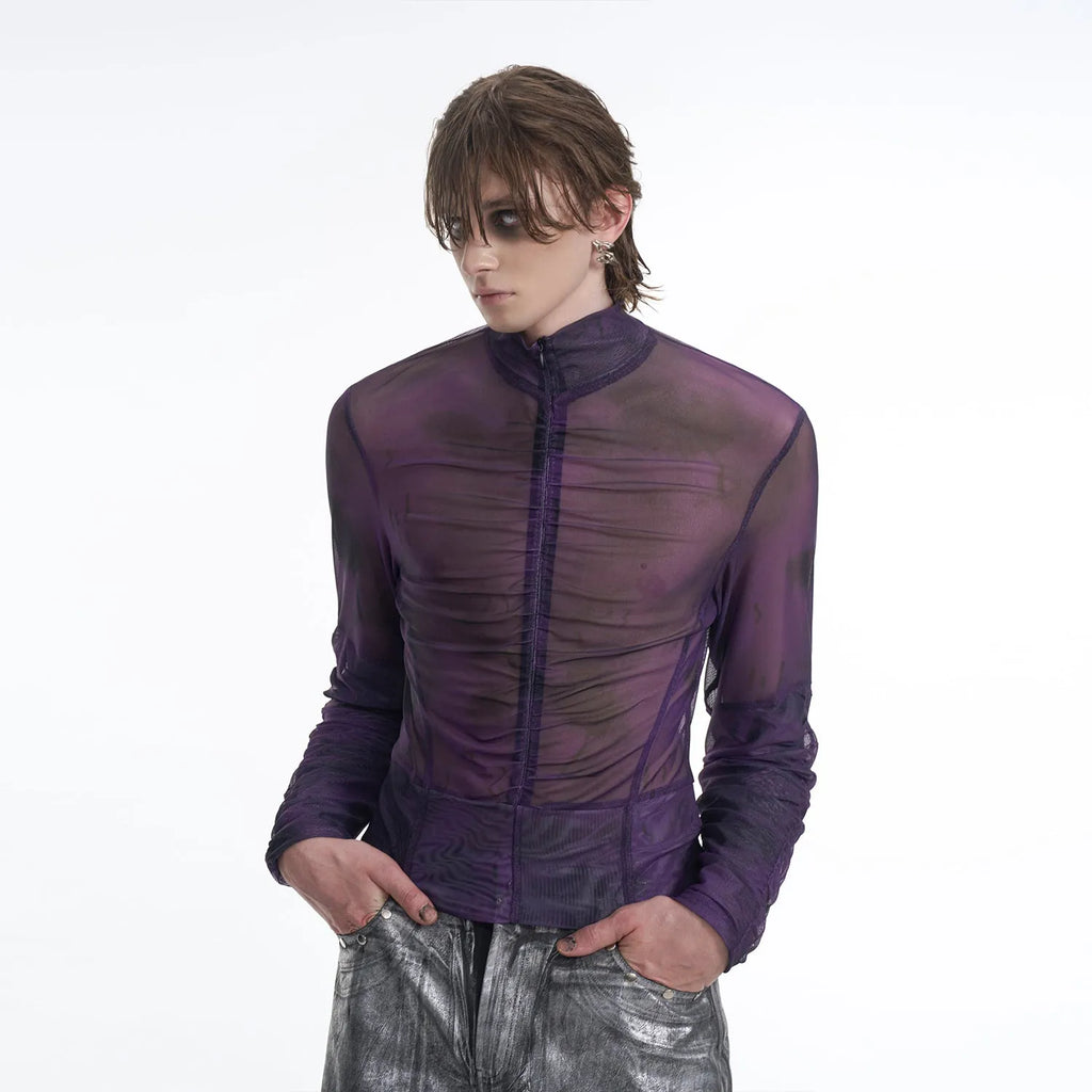 Men's black grey half turtleneck long sleeve t-shirt with mesh fabric and zipper bottom hem detail