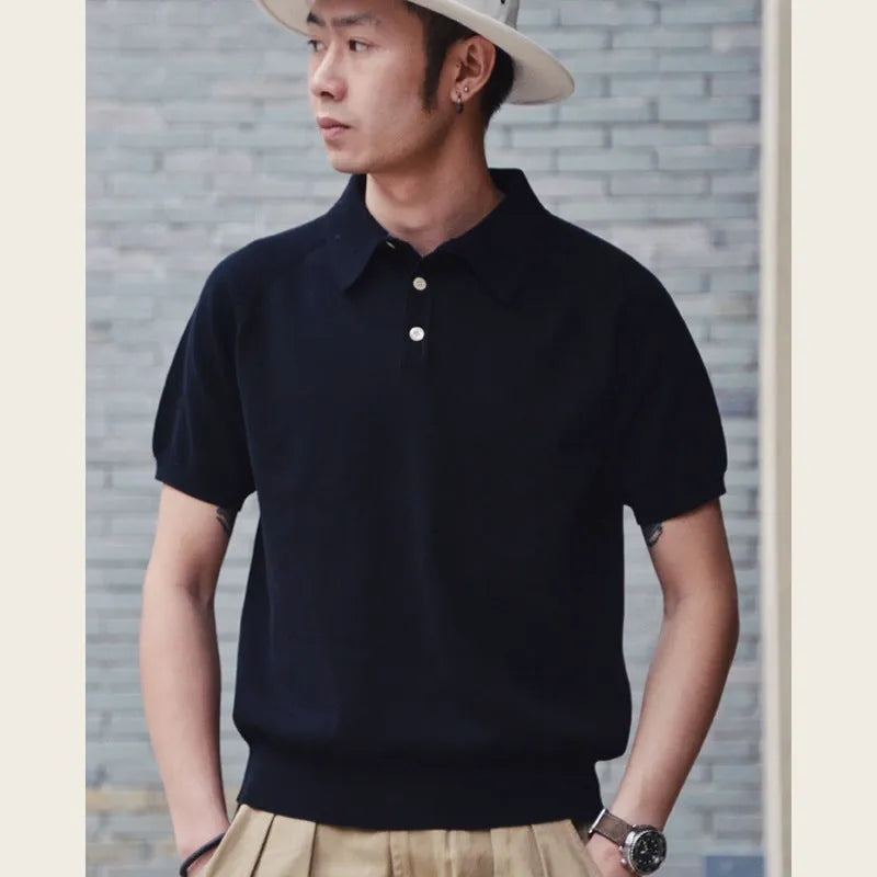 Retro knitted cotton short-sleeved T-shirt in slim fit showing dark brown colour option