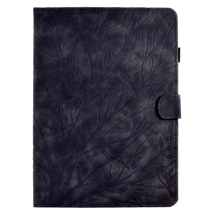 Imitation leather tablet protective case in khaki colour with an engraved texture and built-in stand, open to show an iPad.