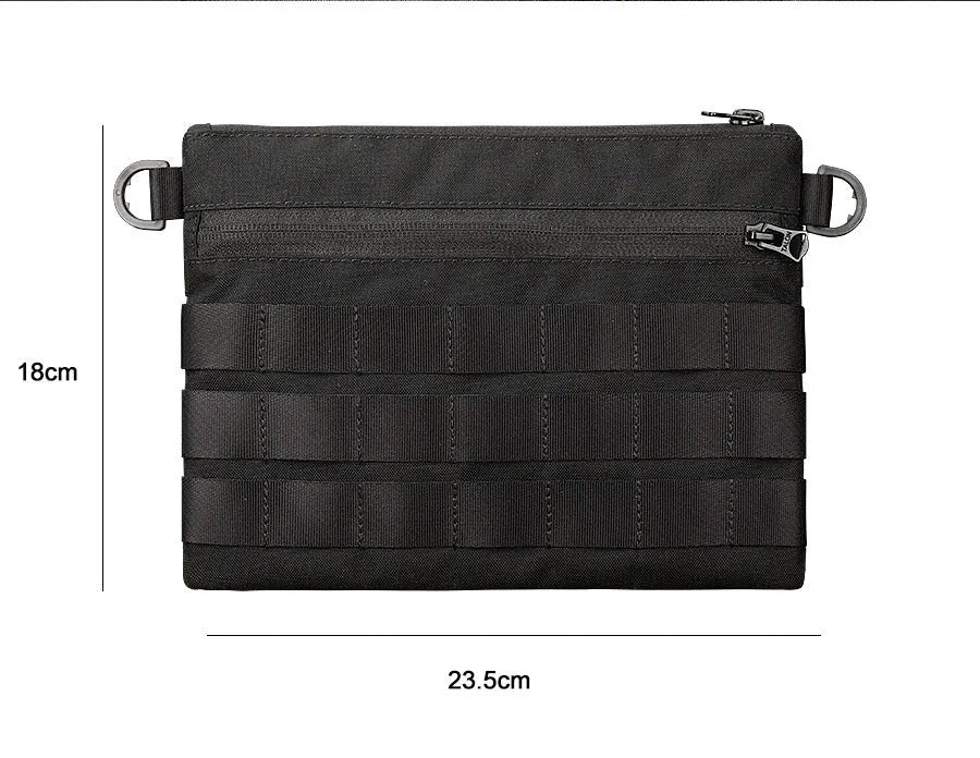 Black Oxford cloth portable outdoor organiser kit measuring 18 by 3.5 centimetres