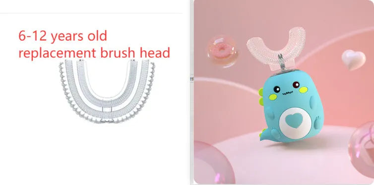 Children's electric toothbrush with food grade silicone U-shaped head, 360 degree automatic cleaning, USB charging, available in Little Dinosaur Pink, Blue, Green