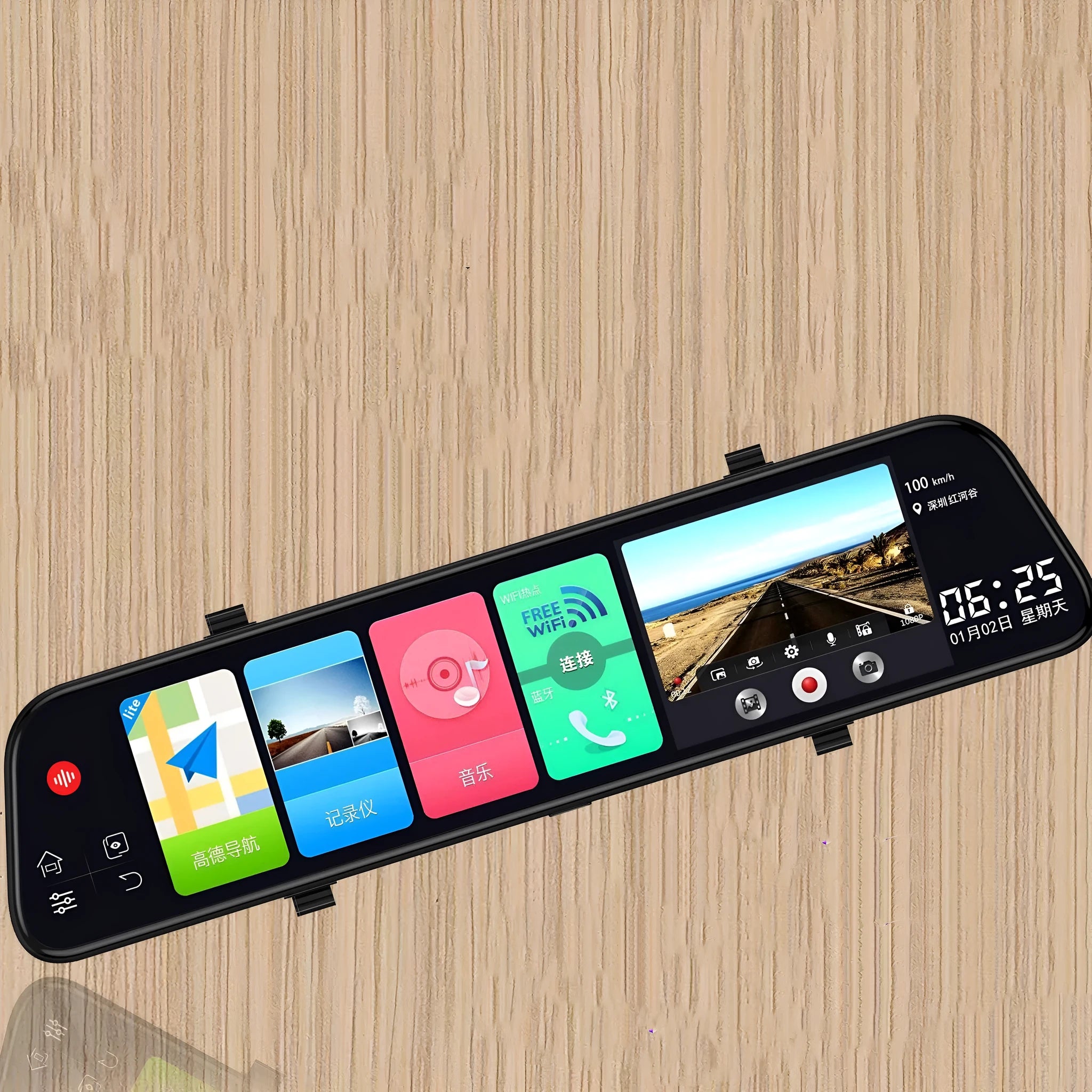 12-inch rearview mirror tachograph with touch screen display showing navigation and dual camera feeds