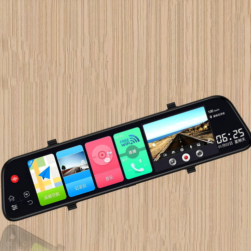 12-inch rearview mirror tachograph with touch screen display showing navigation and dual camera feeds