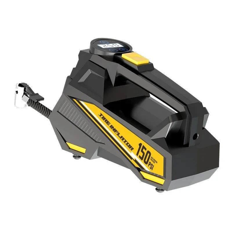 Black vehicle-mounted tyre inflator with digital display and LED light feature