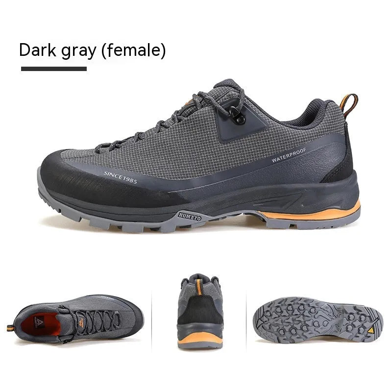 Men's low-top hiking shoes with leather mesh upper and round toe design