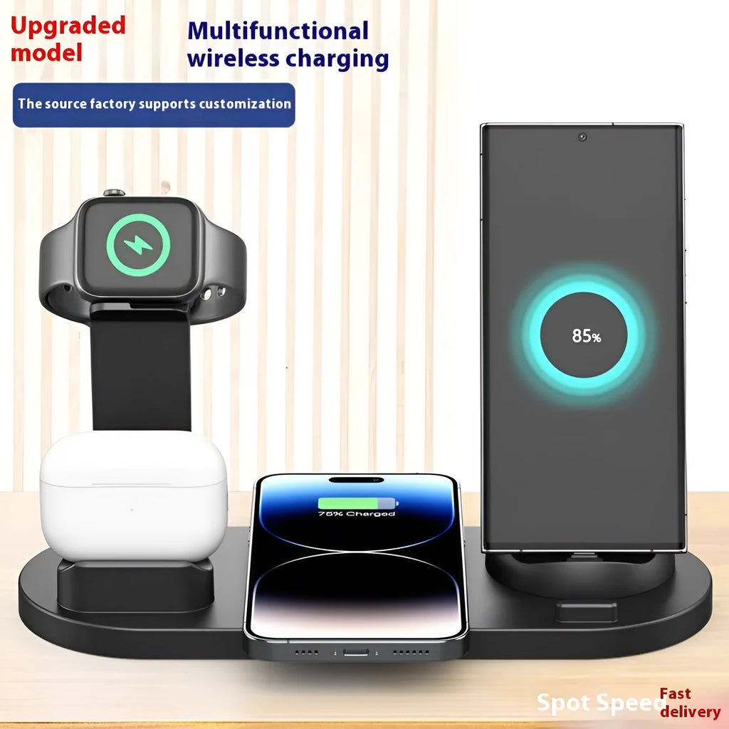 Black wireless charging stand holding a mobile phone and smartwatch upright with headphones in slot.