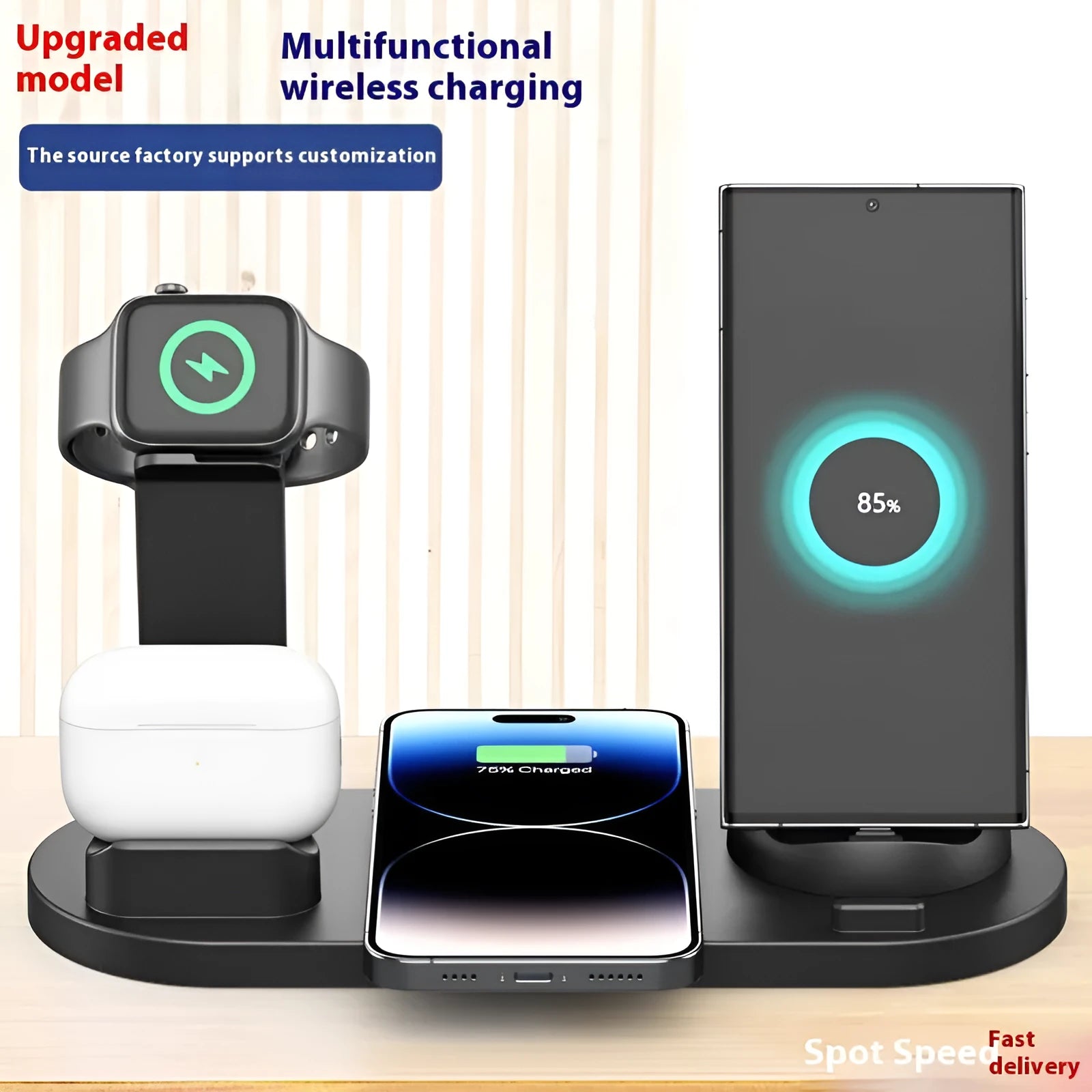 Black wireless charging stand holding a mobile phone and smartwatch upright with headphones in slot.