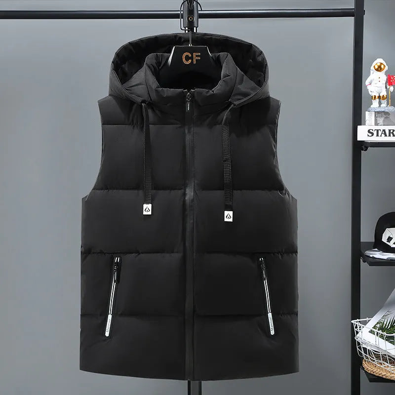 Men's black and blue thickened vest with removable cap and straight hem design