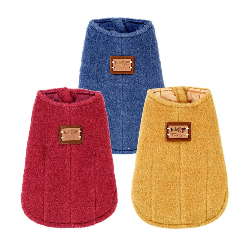 Casual cotton knitted vest for small dogs in blue, red, or yellow, showing front view.