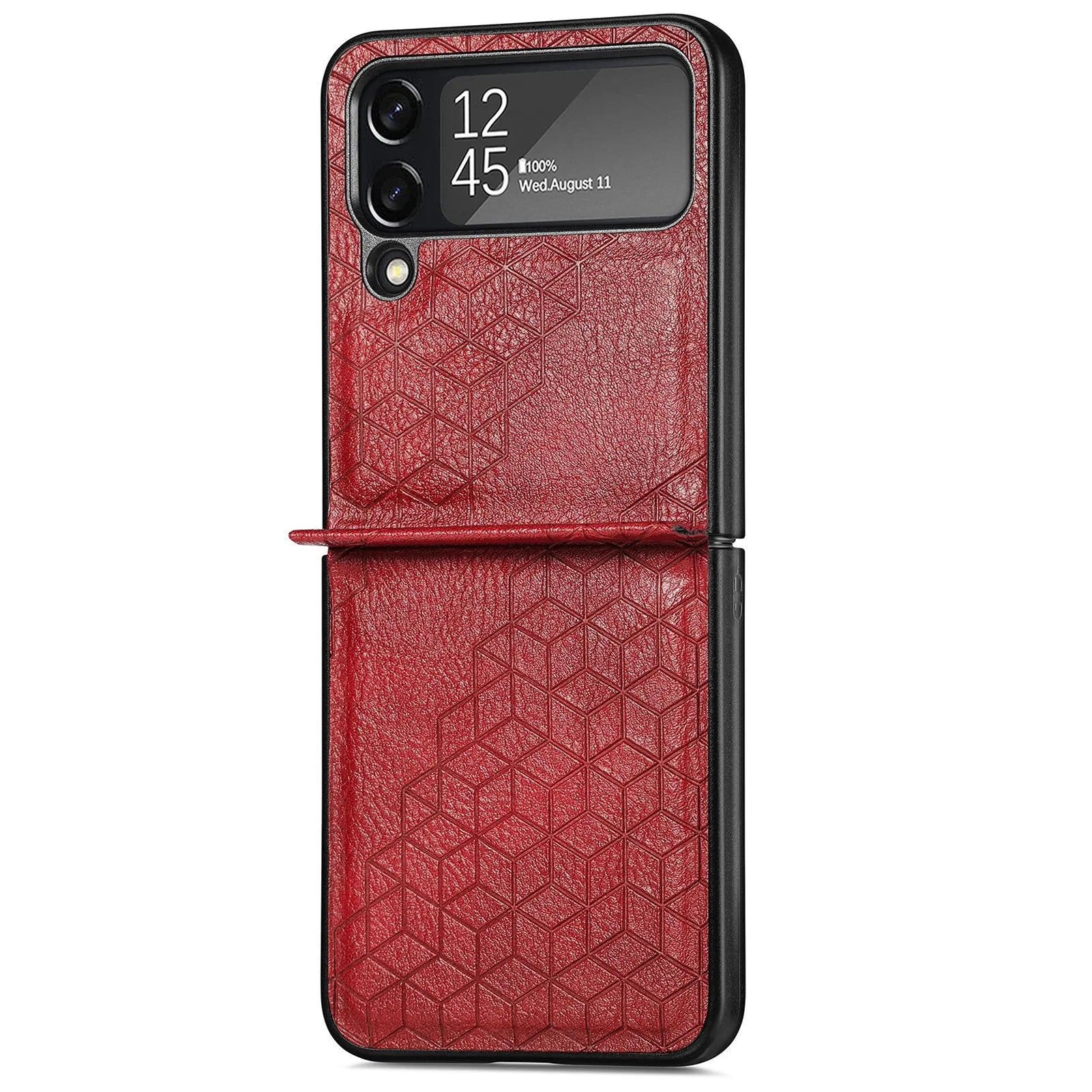 Samsung Z Flip 4 PU leather back cover with rhombus pattern in black, brown, blue, green, and red