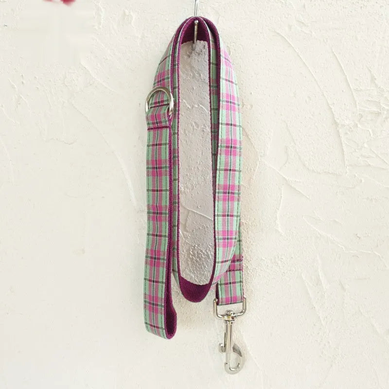 Mint green polyester dog collar and matching lead set shown in five available sizes