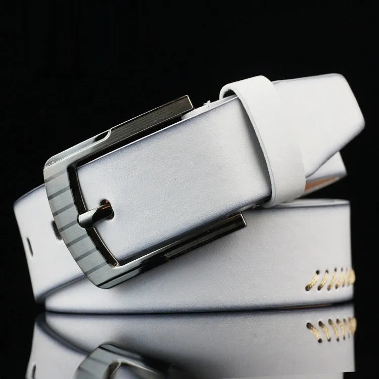 Men's retro threading belt with alloy pin buckle in black, brown or white colour options