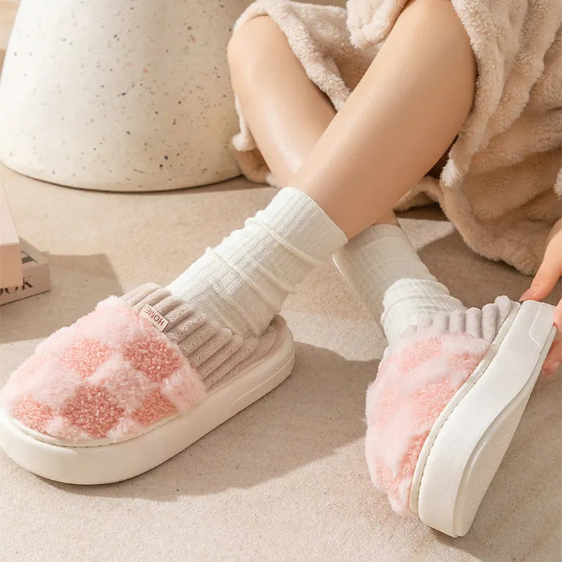 Women's plaid plush slippers with anti-slip PVC sole and round toe design