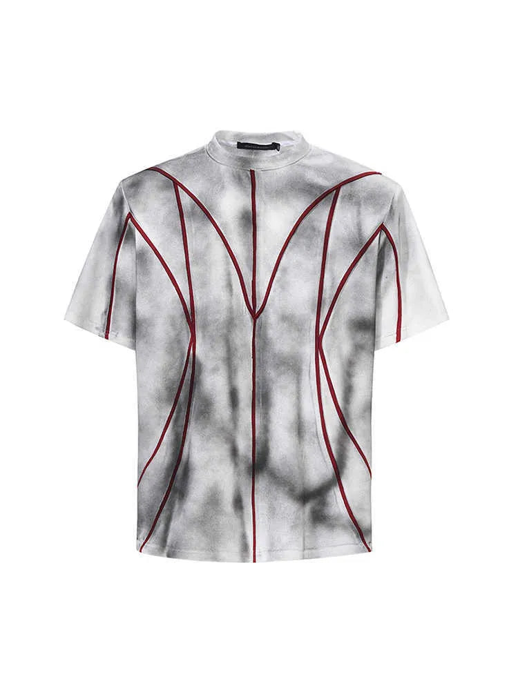 Women's short sleeve T-shirt with padded shoulders and raised line patchwork design in a round neck style.