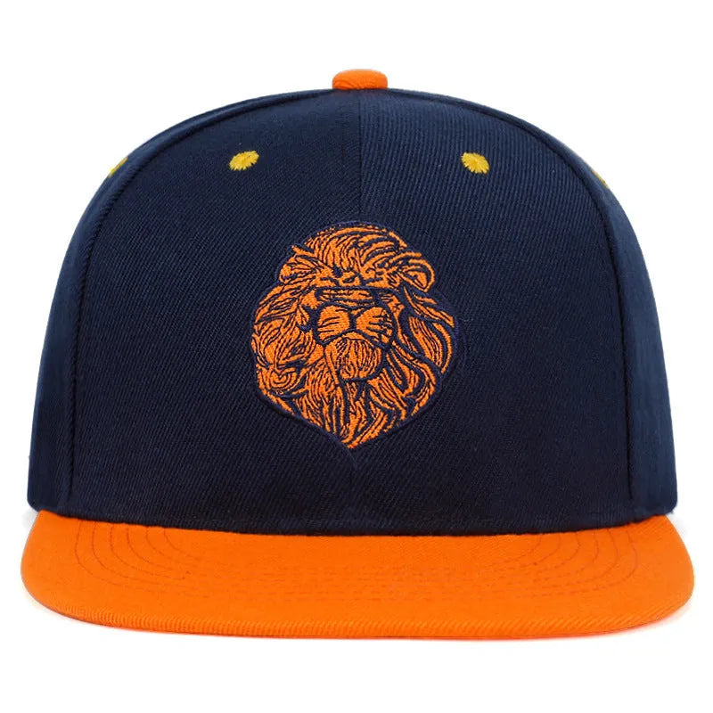 Adjustable cotton baseball cap with lion face embroidery in black, front view