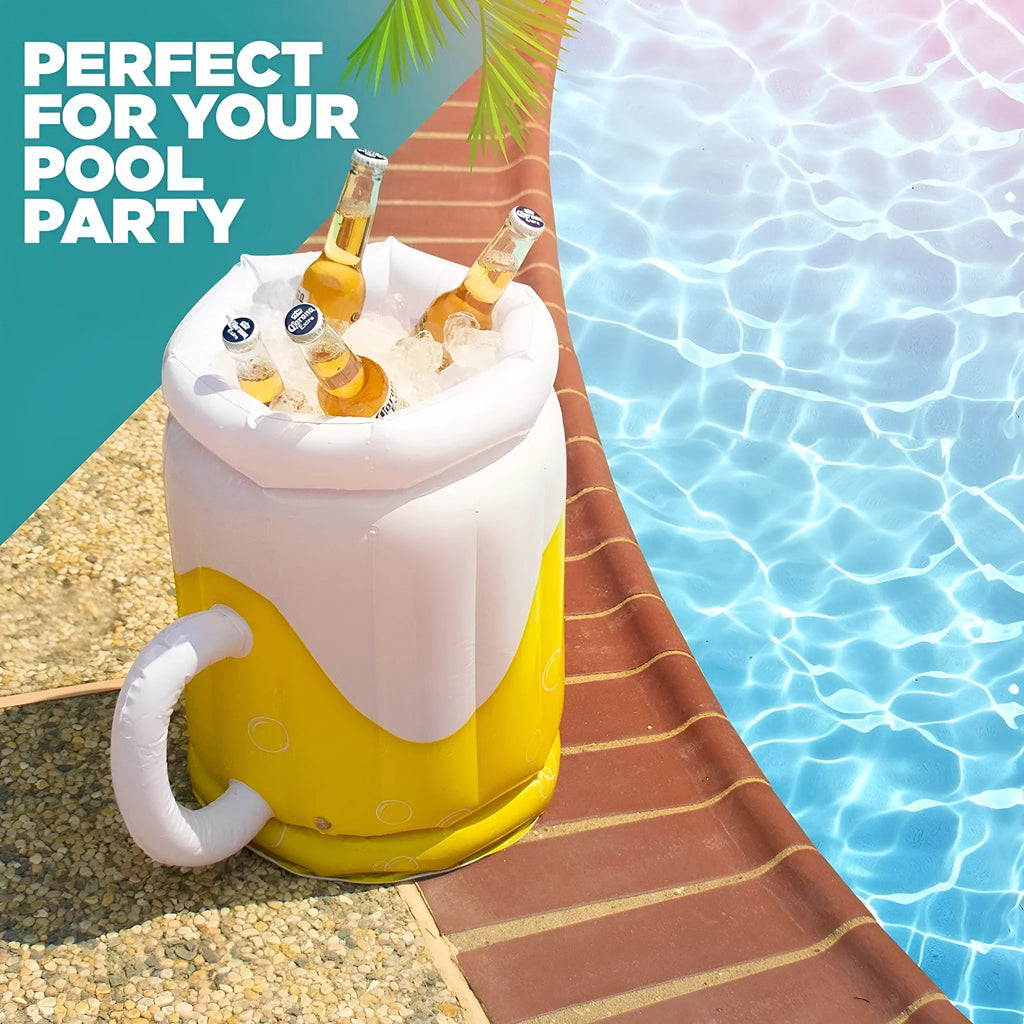 Large yellow inflatable beer mug cooler pool float with drinks, shown in a swimming pool.