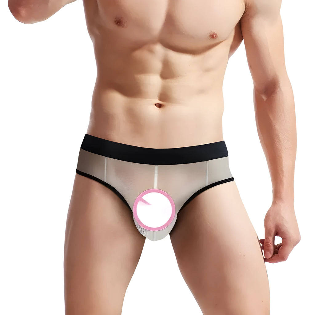 Men's mesh back rubber band triangle shorts in black nylon, front view showing elastic waist and triangle cut