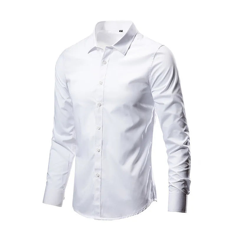 Man wearing a loose-fit light grey linen long-sleeve shirt, casual slim style.