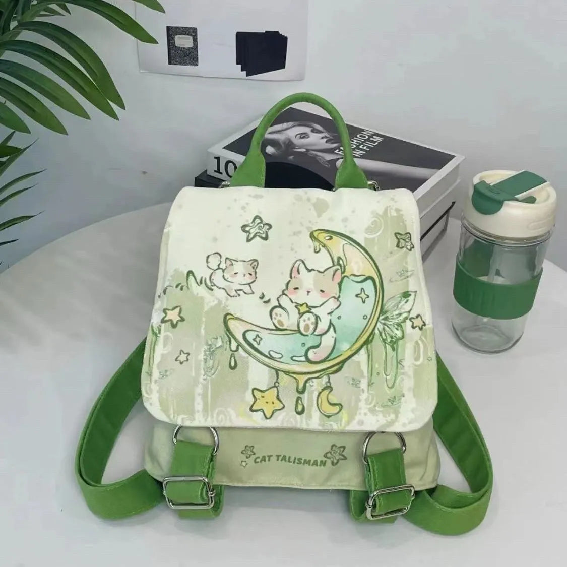 Mint Mambo green cute backpack with spliced design sandwich pockets, 23x10x25 cm polyester daypack