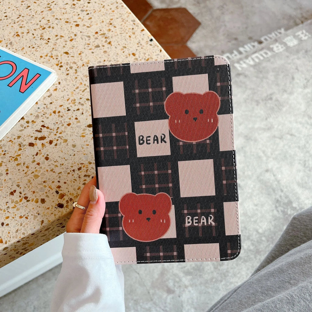 Cartoon silicone TPU flip case for iPad with plaid bear design, compatible with Air Mini Pro models